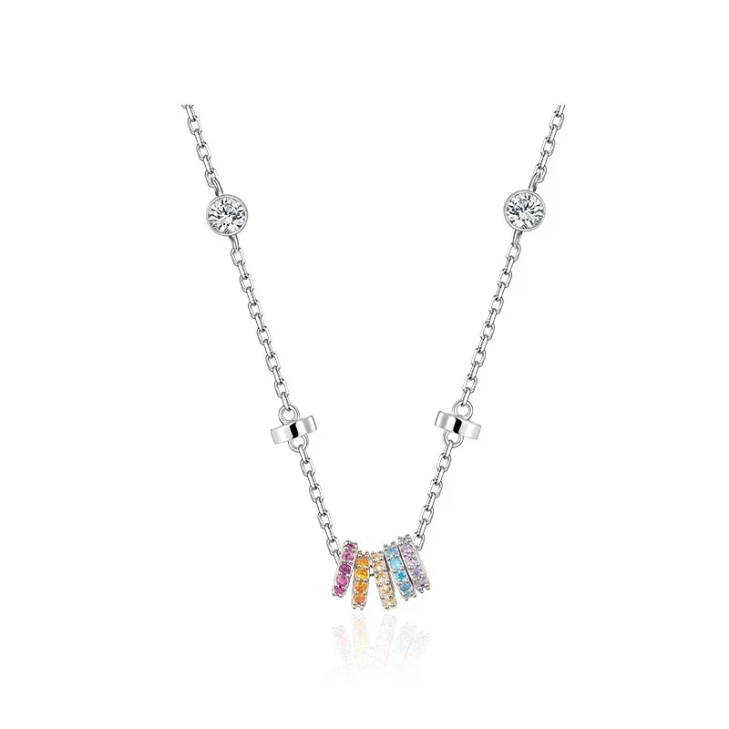 New Slidable Rainbow Baguette CZ Barrel Pendant Necklace Two Side Round Accent Crystal Colorful Minimal Collar Jewelry For Women