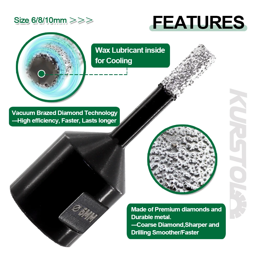 KURSTOL 1pc 6-100mm Diamond Dry Drilling Core Bits Cutter M14 Thread Hole Saw Marble Porcelain Granite Ceramic Tile Drilling Bit