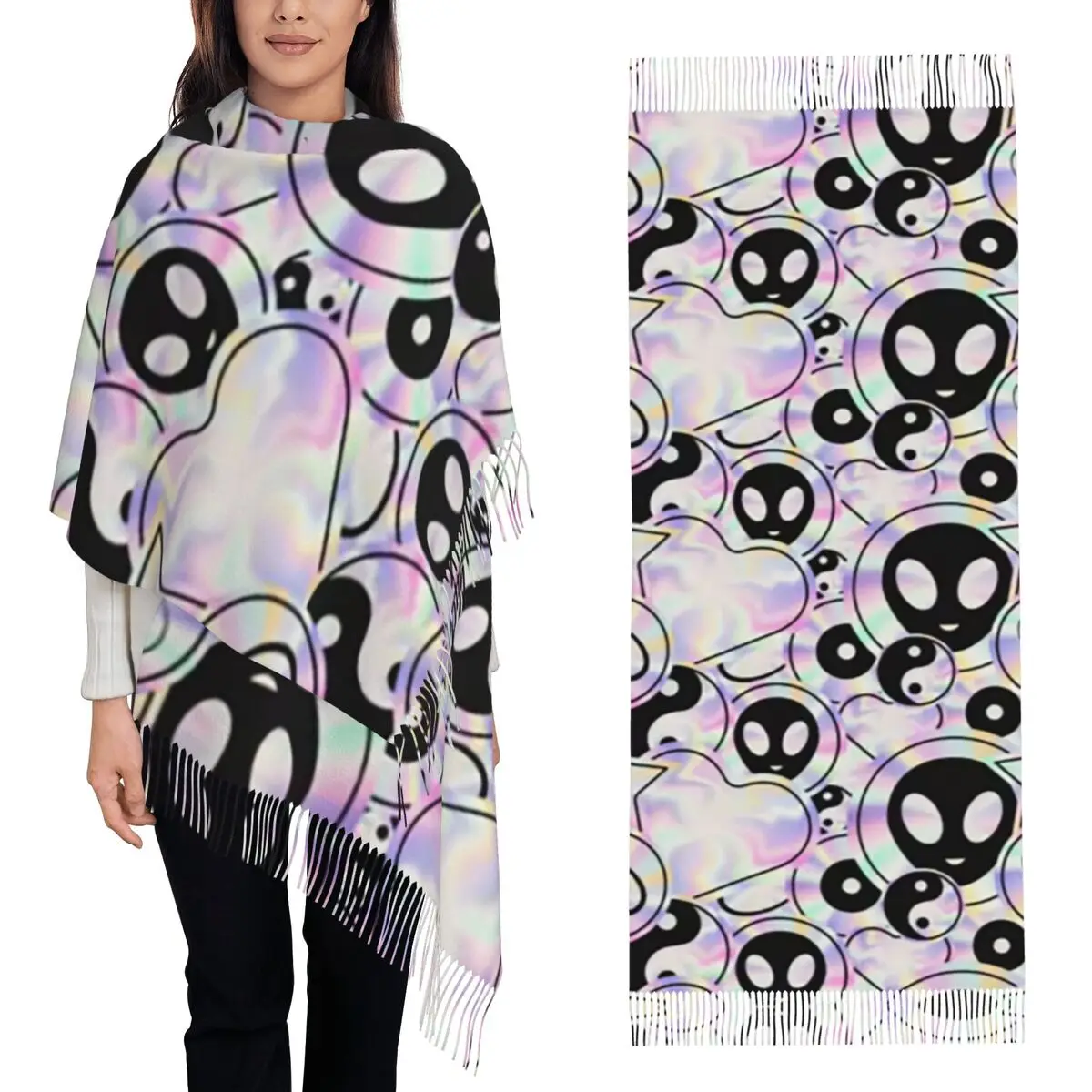 

Психоделический стиль, голографический шарф с изображением пришельцев, шарфы с кисточками, женские мягкие теплые шали и накидки, большая осенне-зимняя шаль