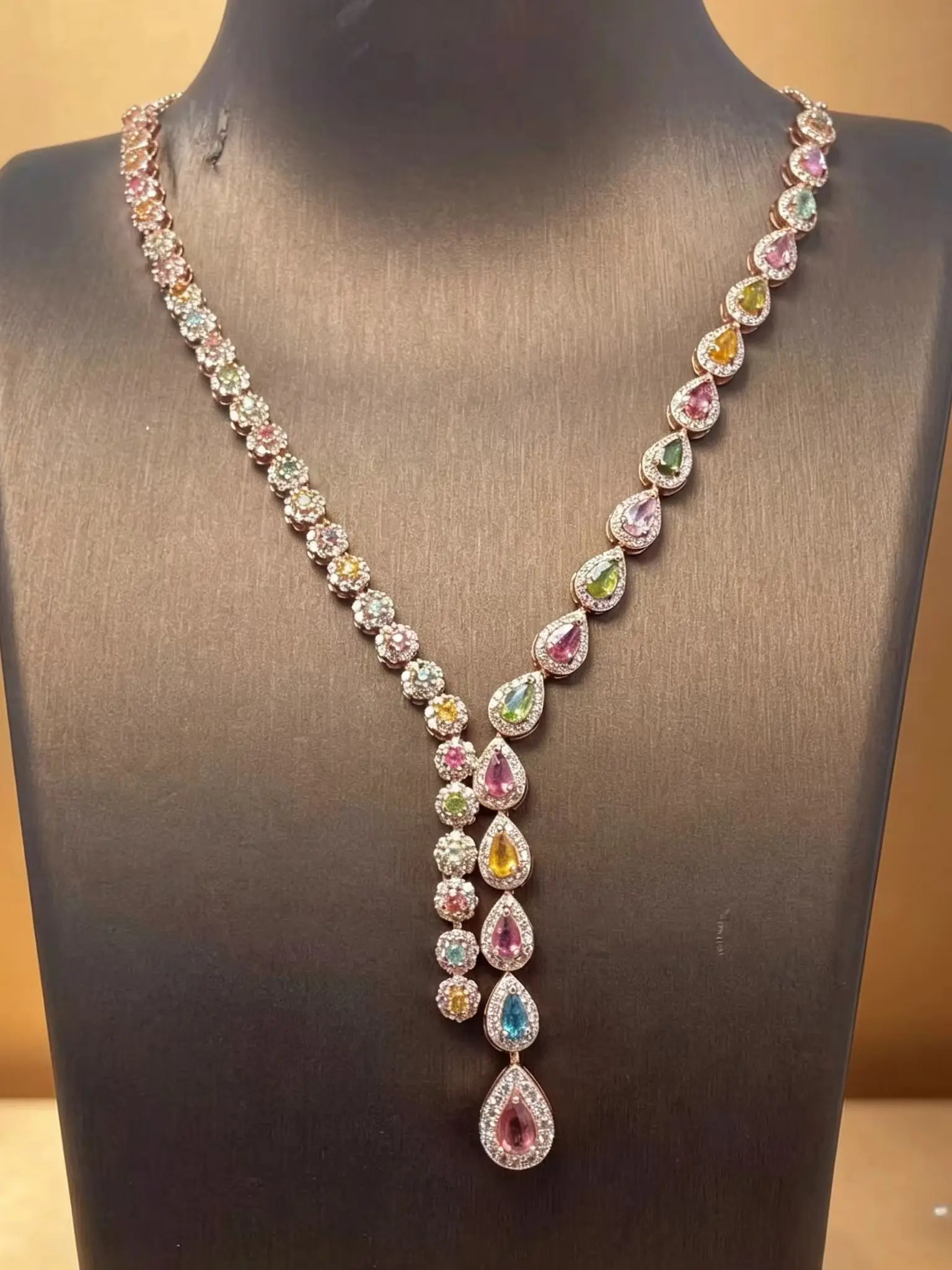 

Luxury Multi-color Cubic Zirconia Necklace, Tourmaline Candy Color Pendant Necklace for Women Evening Party