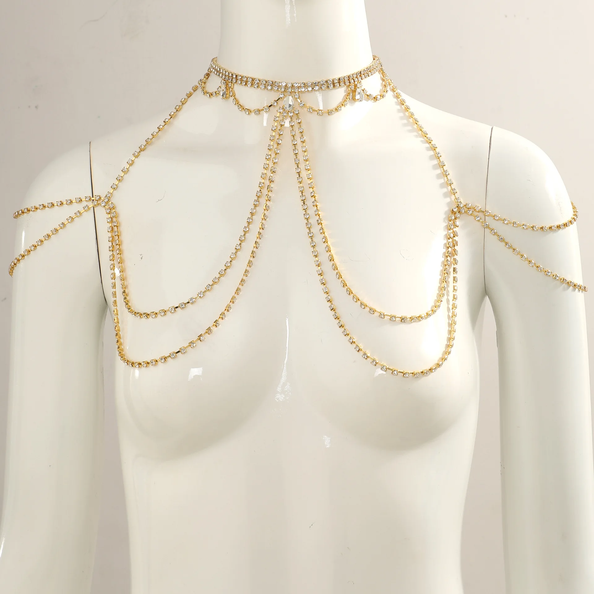 JitDoo Super Sparkling Crystal Drop Zircon Tassel Shoulder Chain for Women Sexy Jewelry Bride Wedding Party Body Decoration