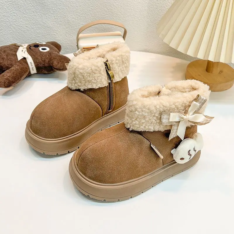 Girls Thermal Fleece Lined Snow Boots 2026 Winter New Cute Cartoon Design Warm Outdoor Kids Winter Boots Non Slip