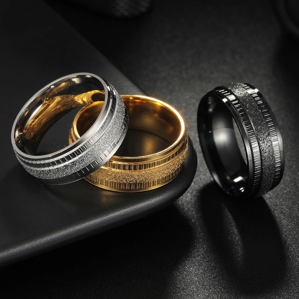 8mm Titanium Ring Man Brushed Beveled Embossed Gear Wedding Band Women Engagement Rings Silver Color Bague Femme anneau bijoux