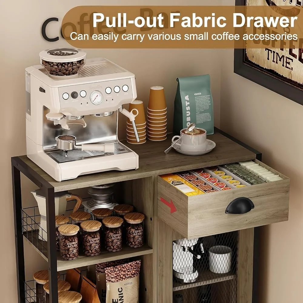 3 Tier Coffee Stand with Drawer Adjustable Shelf Farmhouse Storage Table Kitchen Dining Corner Bar