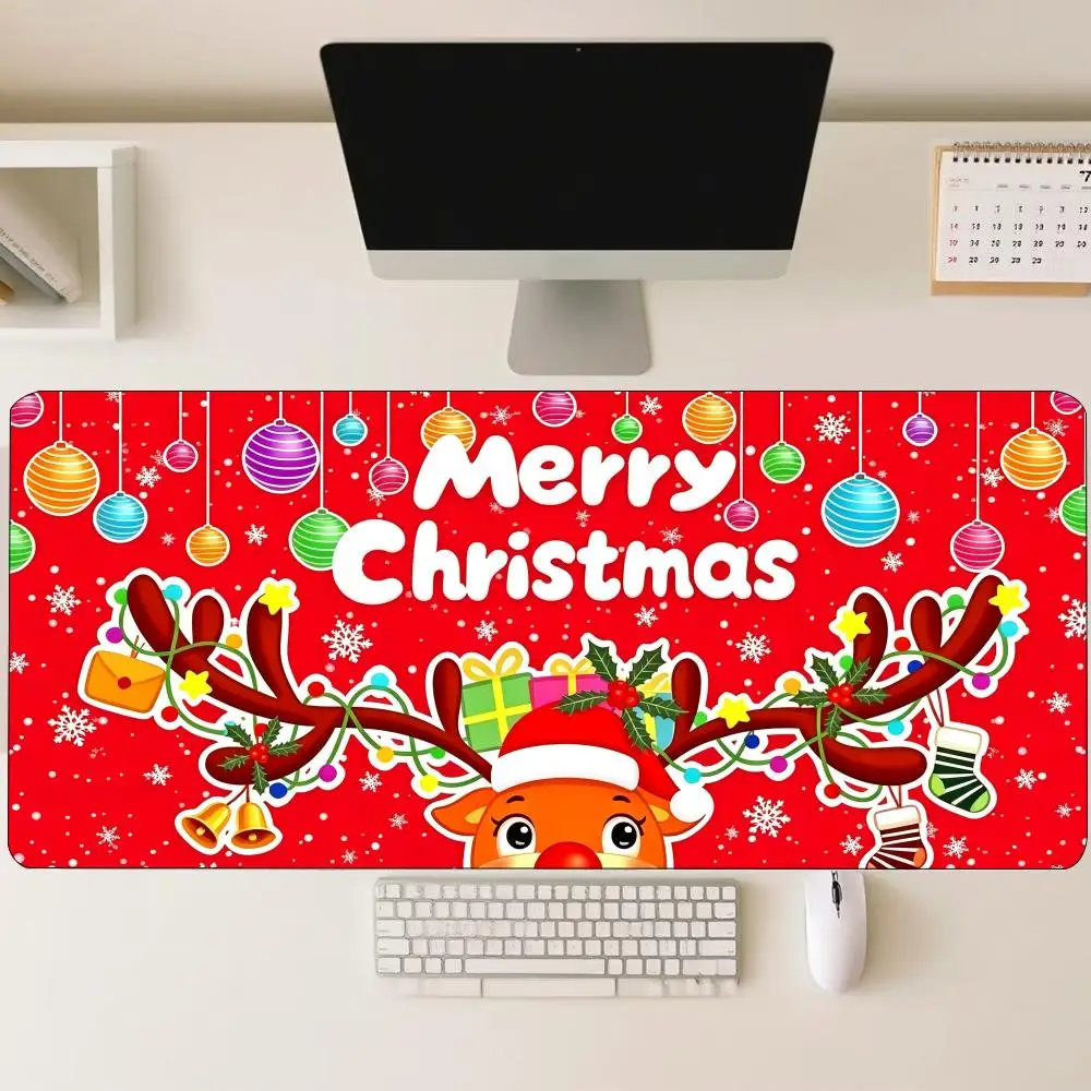 Cute Christmas Reindeer Ornament Bell Snow Large Gaming Mouse Pad XXL Desk Mat Non-Slip Stitched Edge for Xmas Holiday Mat