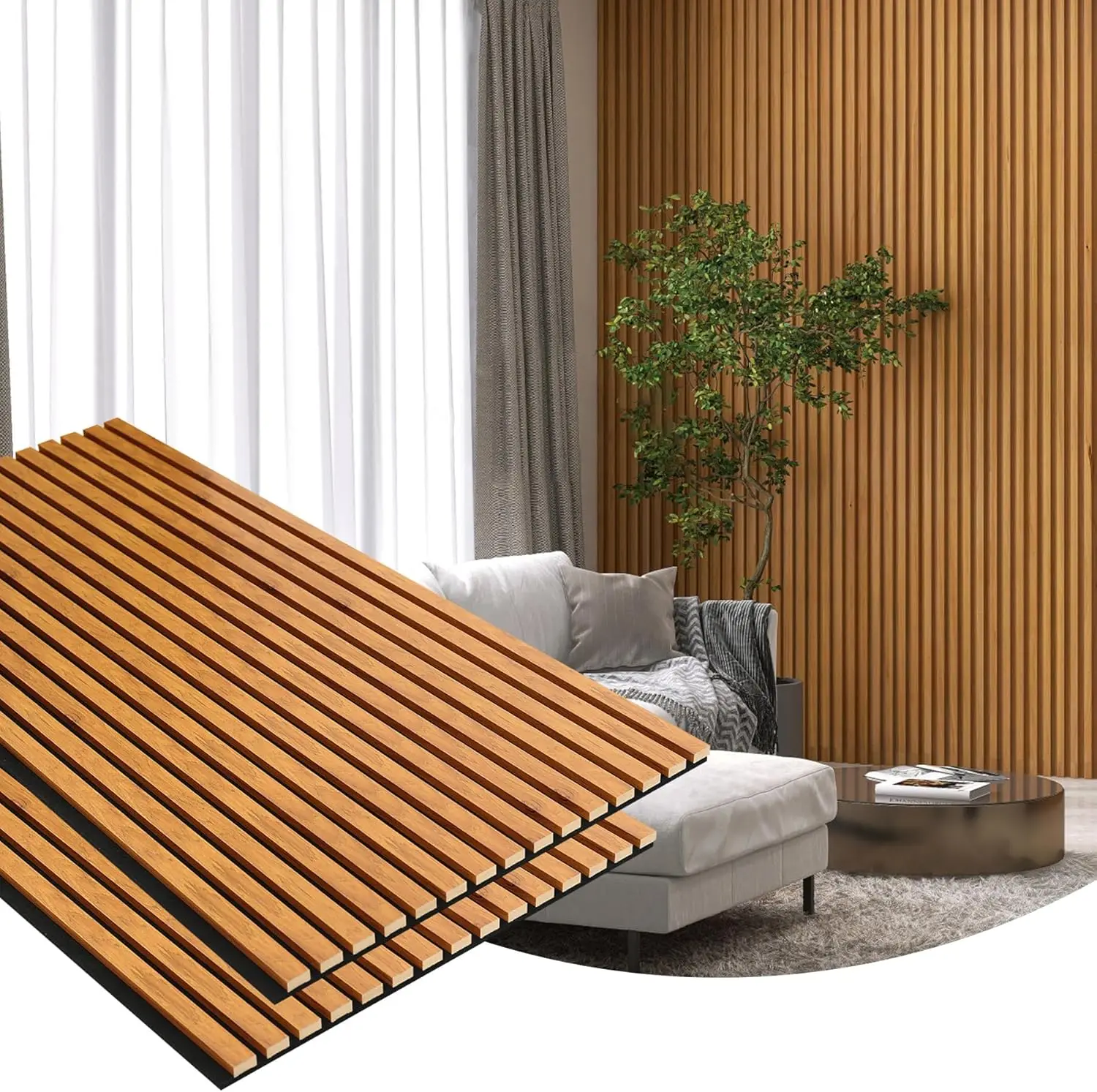 

2 комплекта 3D-панелей из деревянных реек для звукоизоляции стен в доме, офисе, студии - отделка натуральным орехом