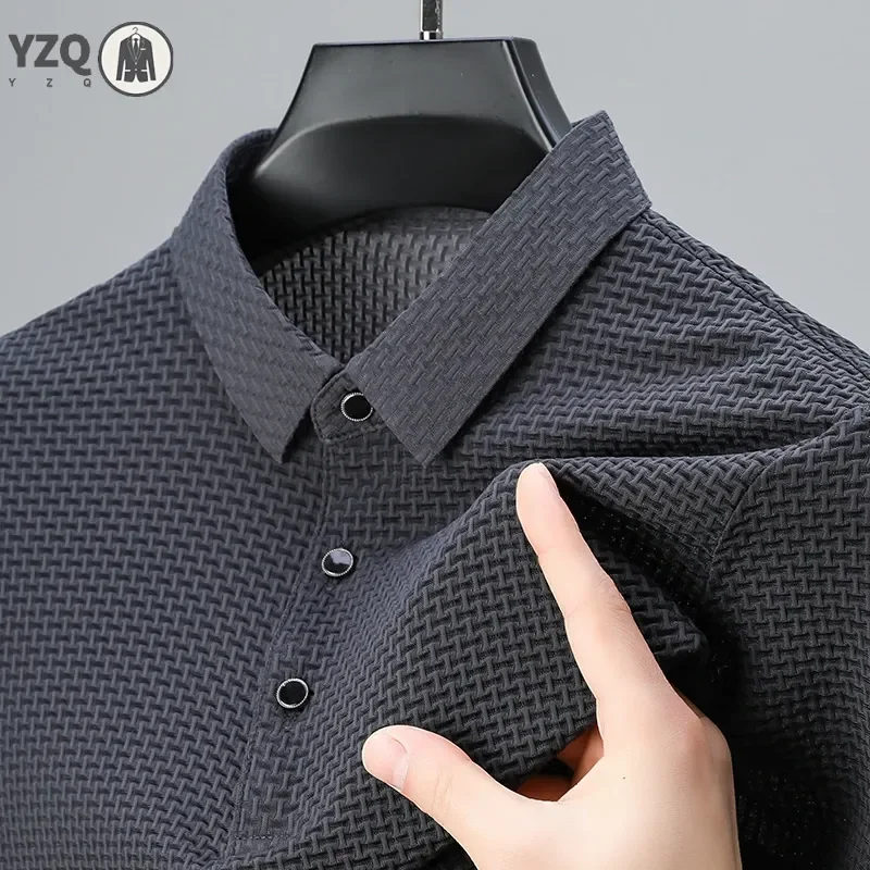 New Men's Business Casual Checkered Short Sleeved Solid Color POLO Shirt Fashionable Breathable and Comfortable Elastic Top