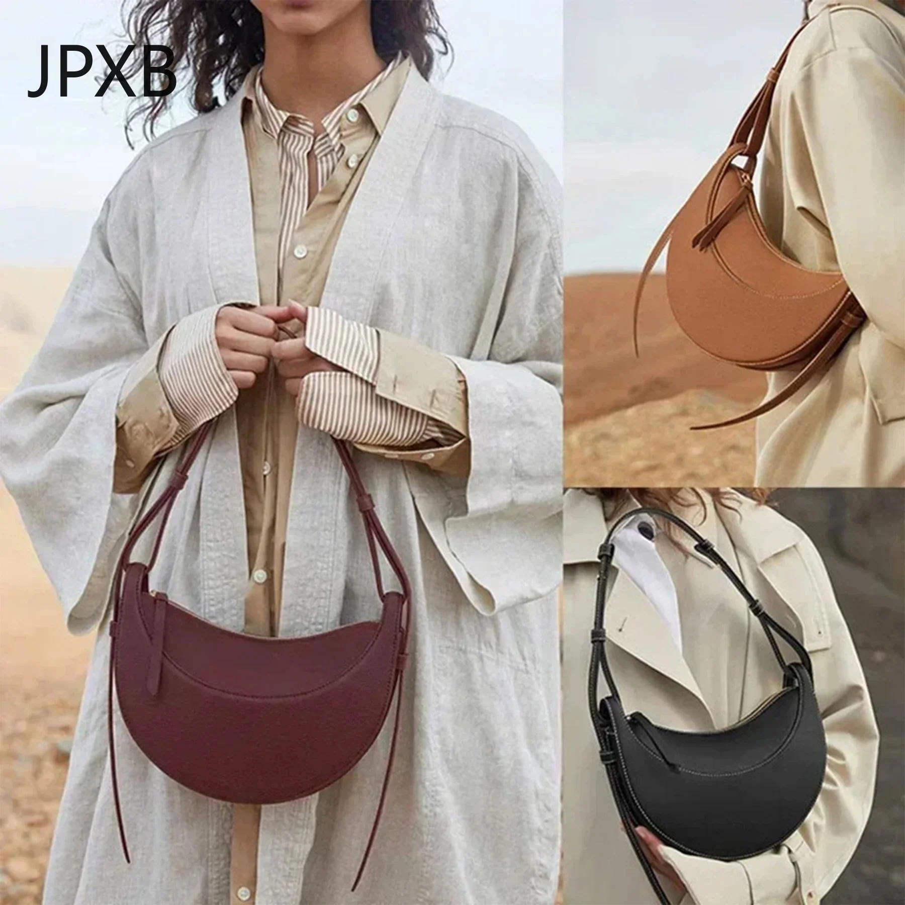 2024 New Women Crossbody Bag Retro Fashion Black Leather Crescent Bag Lightweight Design Ladies Shoulder Bag