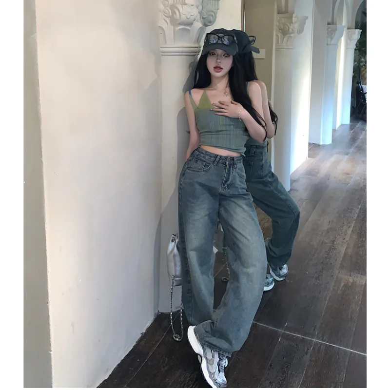 

Women Blue Jeans Vintage Straight Baggy Pants American Chic Streetwear Fashion Y2K Style Denim 2023 Summer NEW Wide Leg Trouser