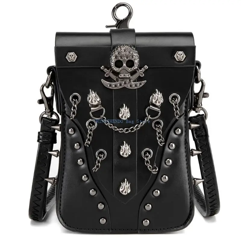 

340D Ladies Punk Shoulder Bag Small Leather Skull Crossbody Purse Retro Phone Bags for Shopping and Casual Event