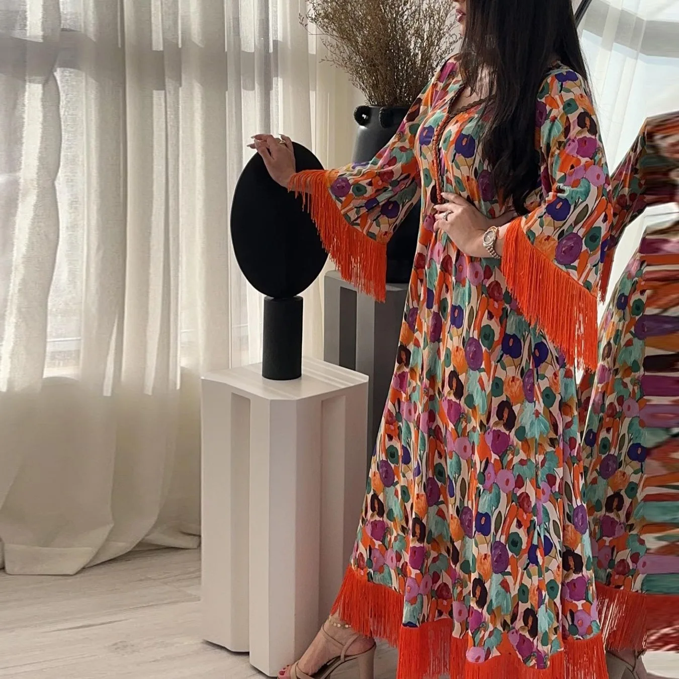 Eid Party Dresses for Elegant Women Muslim Tassel Print Ramadan Kaftan Turkey Arabic Casual Robe Dubai Islamic Morocco Jalabiya