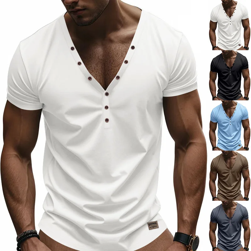 

Fashionable summer T-shirt 2026 new style for men, loose and thin, solid color trendy V-neck button design short-sleeved men