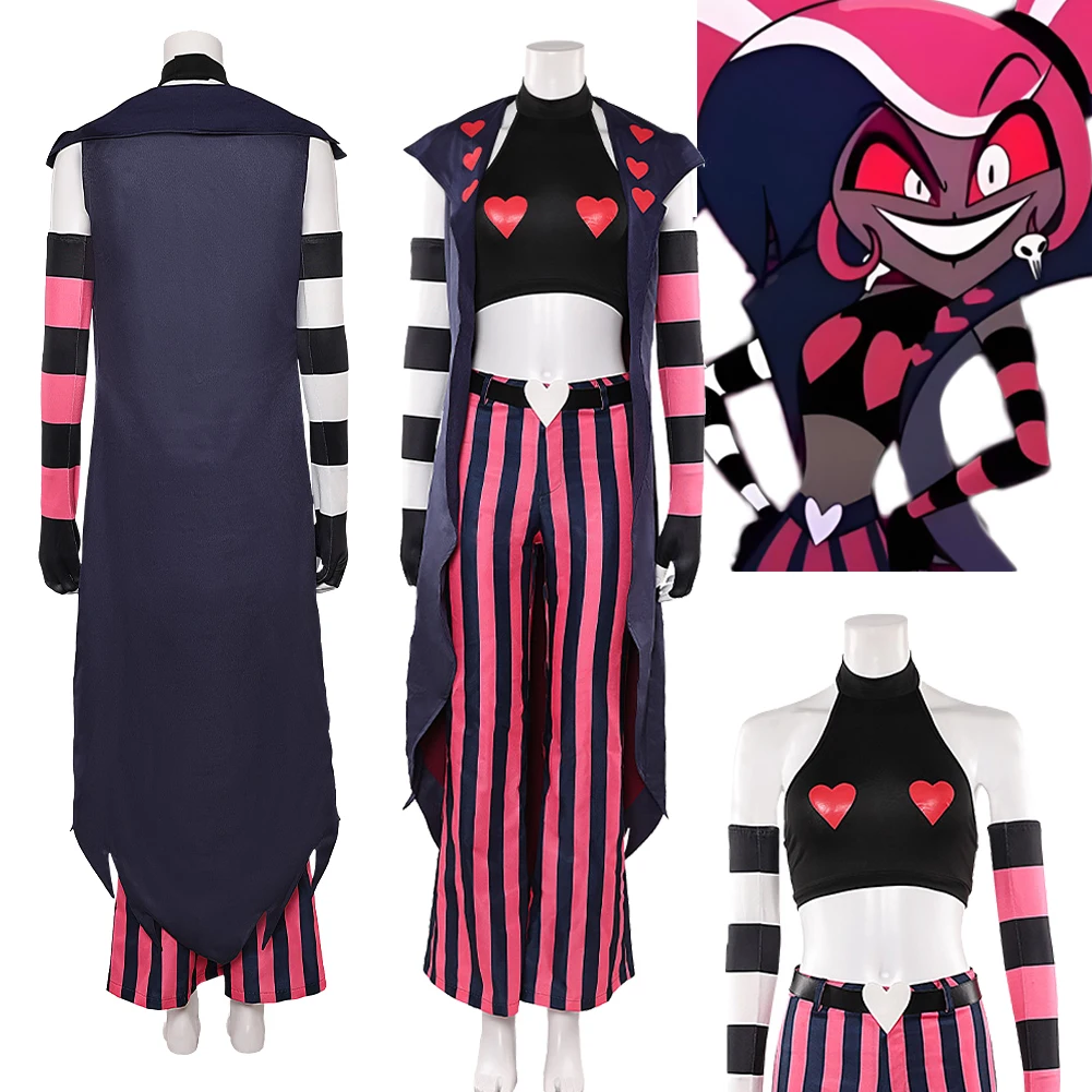 تمويه التلفزيون الجحيم نزل 2 المخملية تأثيري حلي سروال مخطط عباءة سوداء الملابس مجموعة هالوين كرنفال موحدة ملابس النساء