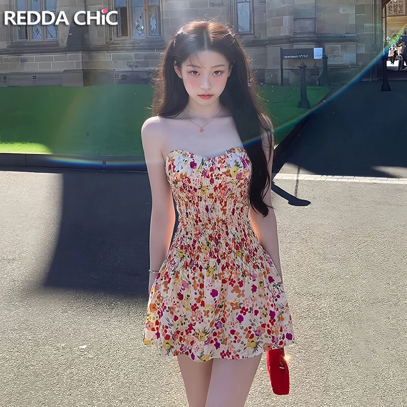 ReddaChic Women Shirring Ruffle Hem Short Dress Vacation Lounge Floral Strapless Slim Bandeau Dress Cute Retro Summer Clothes