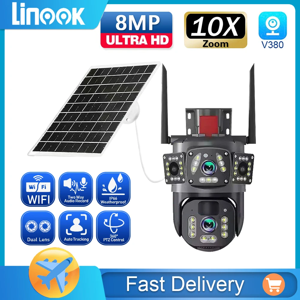 Linook V380,CCTV,Wireless WIFI solar closed-circuit television,4K dual lens,outdoor security network camera,4G sim solar camera