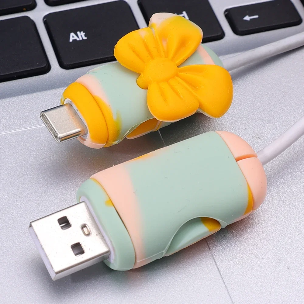 Cartoon Bow USB Type C Cable Protector Cover For Samsung Xiaomi Huawei Android Data Cord Universal Anti-Break Silicone Case