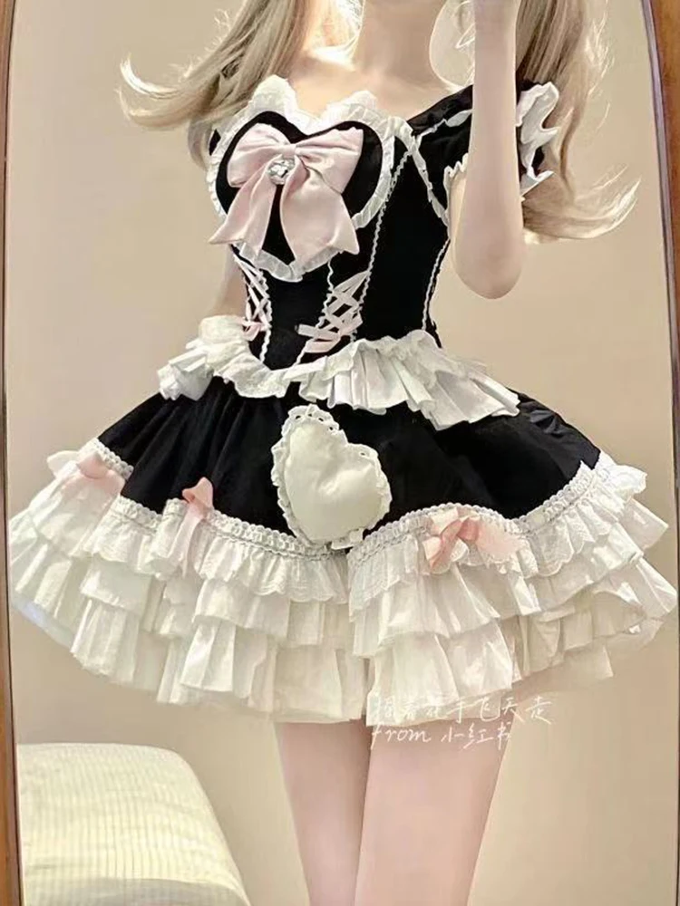 Japanese Bow Lolita Women Dress Kawaii Sweet Short Sleeved Female Cake Skirt Bandage Print Soft Girl Style Chic Mini Dress New