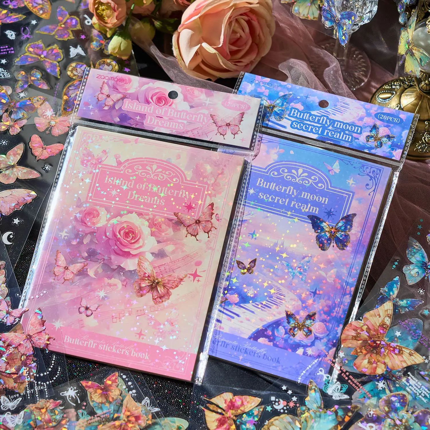 JCAC 20pcs/bag: Romantic Butterfly PET Sticker Book with Holographic Shell Finish—Versatile DIY Journaling and Collage