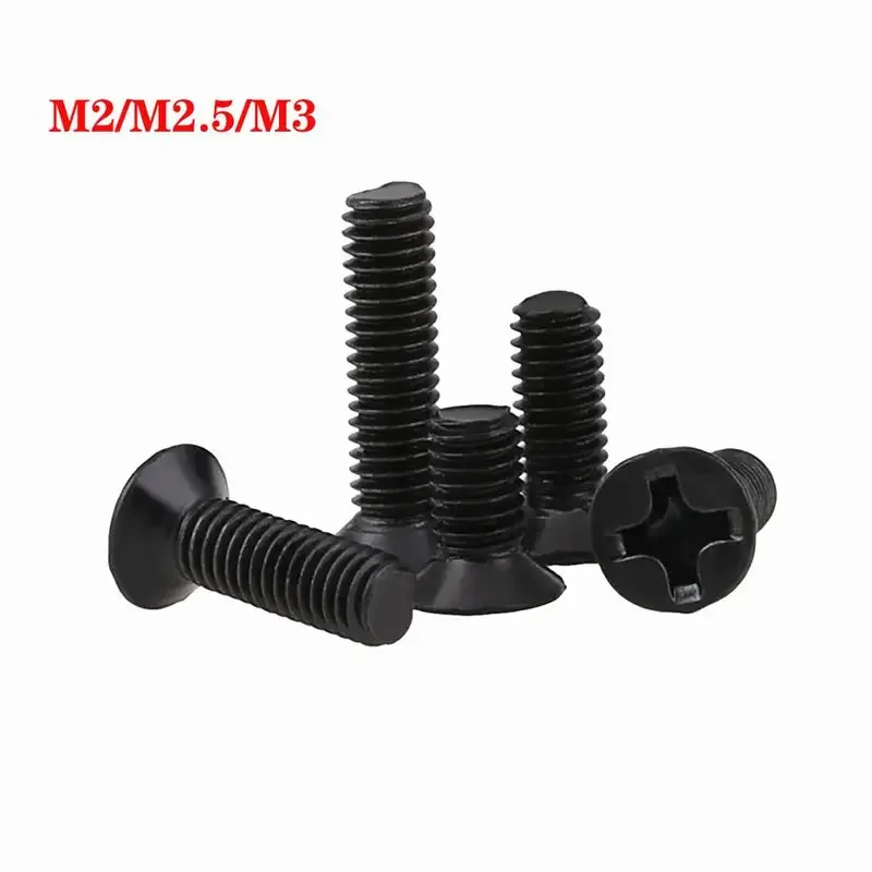 20/50/100pcs M2 M2.5 M3 Length 3-16mm Phillips Countersunk Machine Screws Flat Head Cross Bolts Black Zinc Plated Carbon Steel