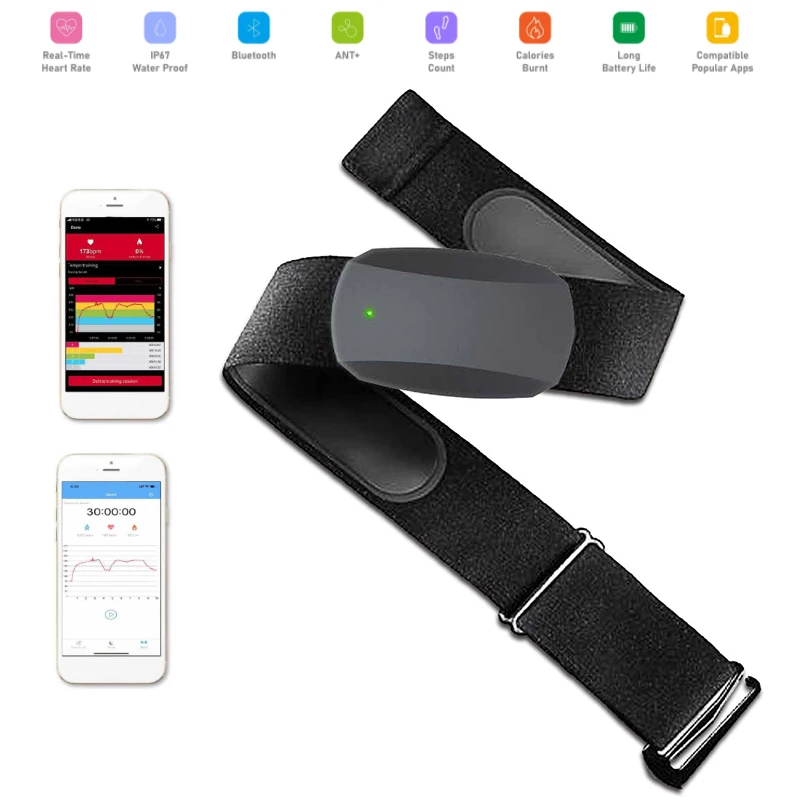 

Мониторы с датчиком сердечного ритма ANT Bluetooth 5,0 HR-монитор с нагрудным ремнем Мониторинг калорий для фитнеса Бег Велоспорт Спорт