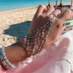 Mesh Hollow 925 Sterling Silver Bracelet One Piece Link Finger Charm for Women Gold Zircon Crystal Wedding Party Jewelry