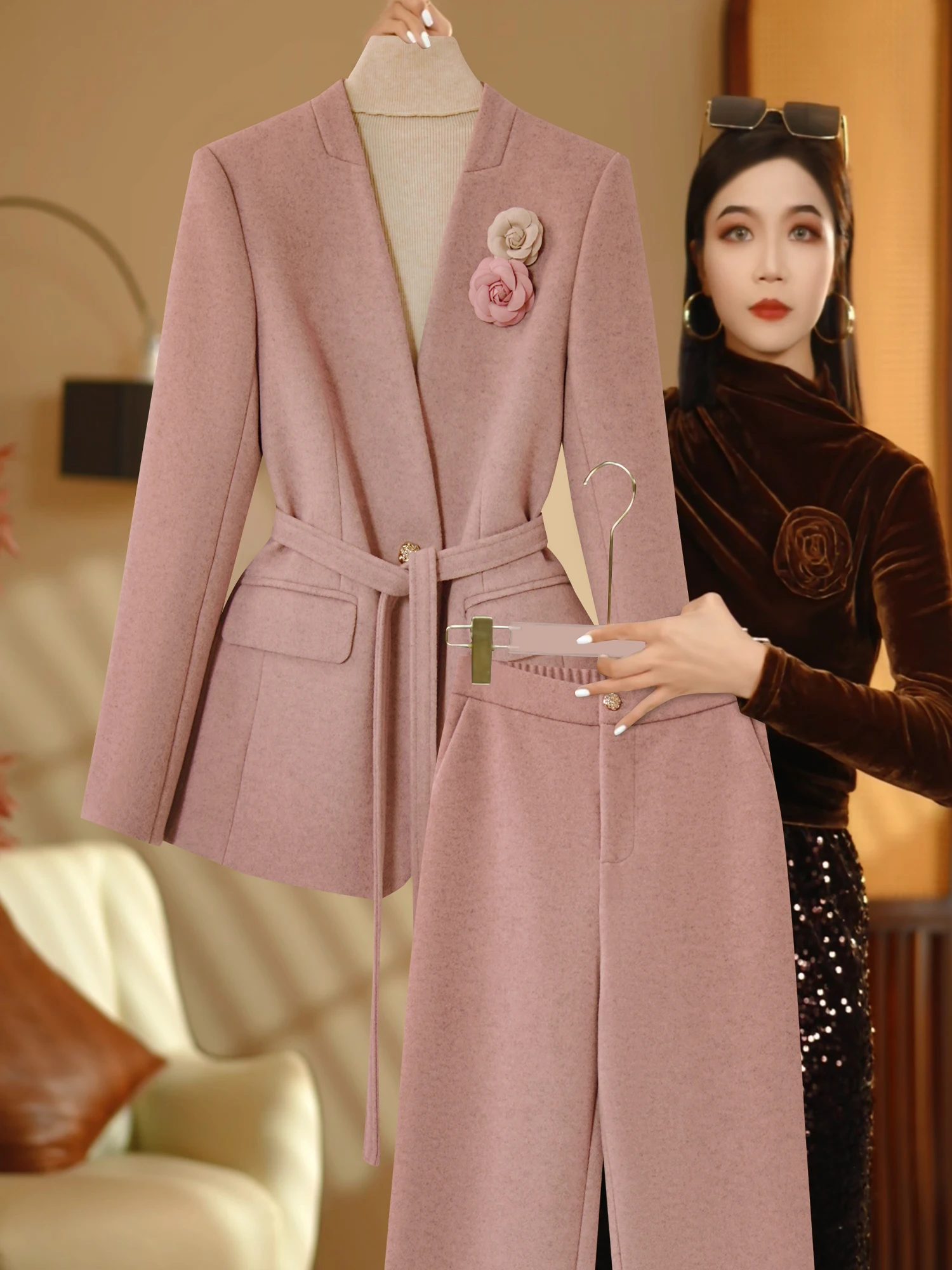 

Pink Suit Jaet Women's Autumn Winter Formal Wear Ele Lady Reducing Age Two-Piece Set High Waist Polyester Fiber Long Sl...