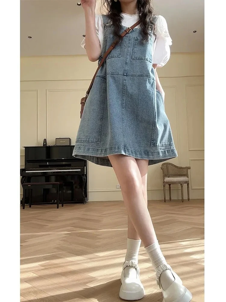 Blue Denim Shoulder Strap Skirt Loose Casual Multi Pocket Dress Fashion Versatile Overall Dress 2025 Summer New Women's Clothing