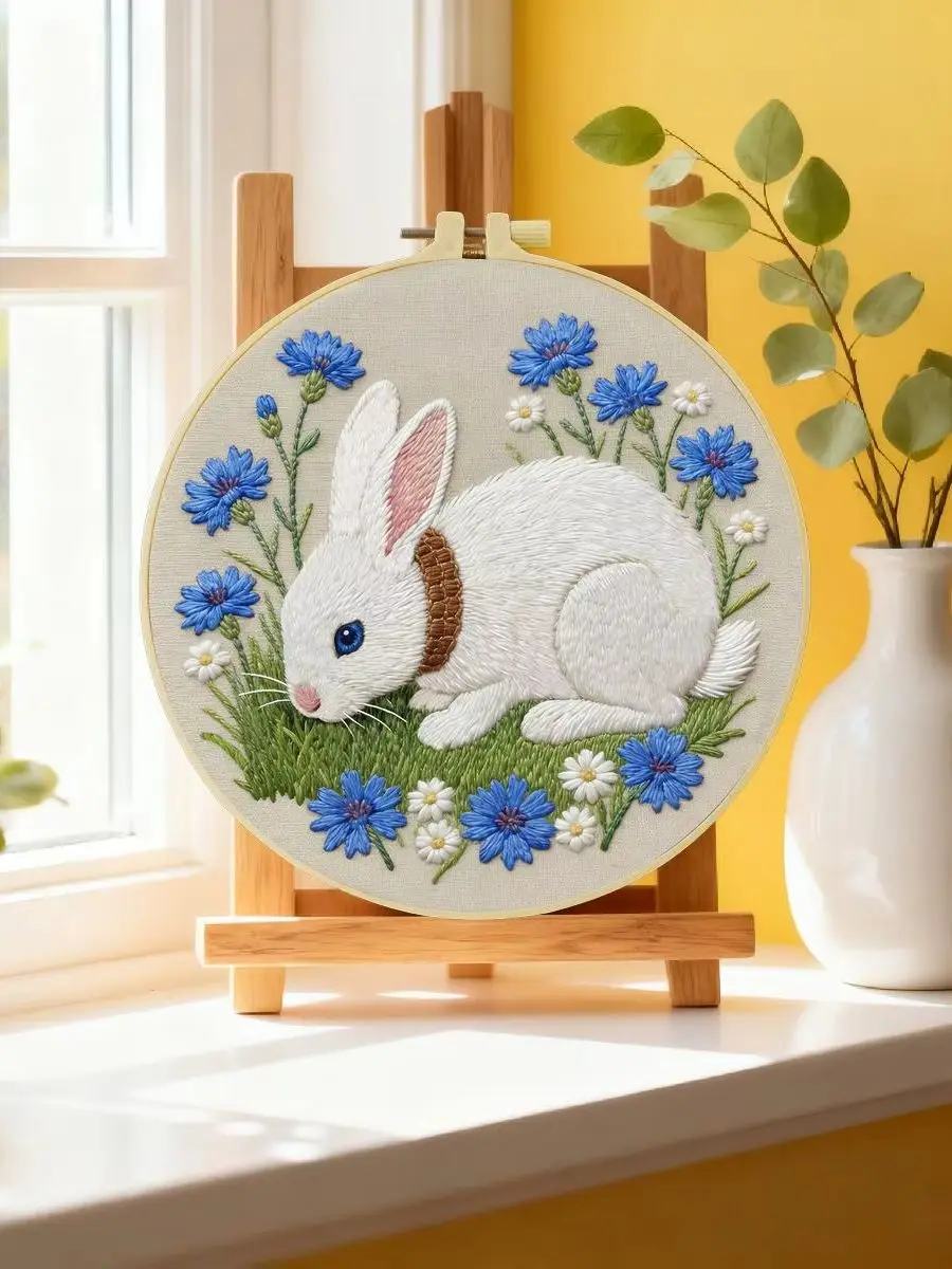 1 Stück 20X20CM/15X15CM 7,87/6,3 Zoll Kleines Weißes Kaninchen Stickerei Starter-Kit DIY-Kit DIY-Stickerei-Set Handarbeiten Nadelkunst – Detail 6