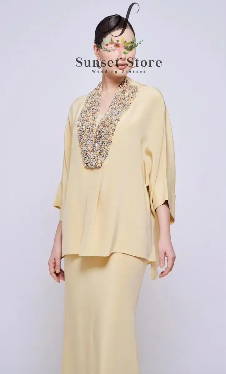 Customized  Yellow Satin 2-Piece Abaya Set Beaded V-Neck Blouse and Maxi Skirt Plus Size Wedding Guest Kaftan