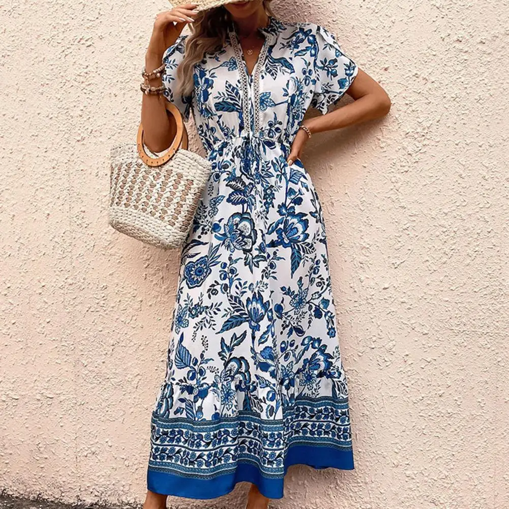 

Ethnic Style Printed Dress Printed Maxi Dress Ethnic Style Floral Print Maxi Dress with Lace-up Waist V Neck Women's Summer