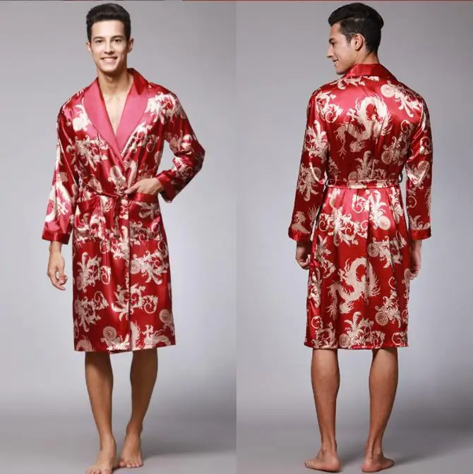 Men Mens Robe Long Sleeves Bathrobe Silky Satin  Kimono Dragon Print Pajamas Bathrobe Night Dressing Gown