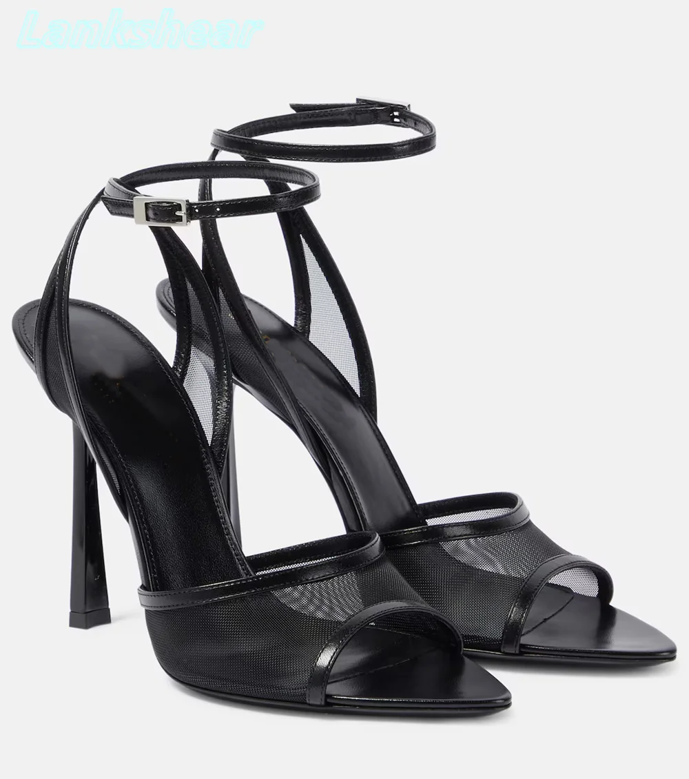 

Black Grid Pointed Open Toe Sandals Thin High Heels Ankle Strap Buckle Women Stilettos Slingback Summer Women Shoes Luxury 2025