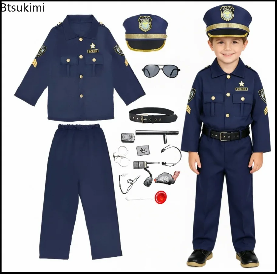 3-14 Jahre Kinder Polizisten-Kostüm für Halloween, Karneval, Schminkparty, Jungen Polizei Deluxe Anzug, Aufführung, Kostümuniform