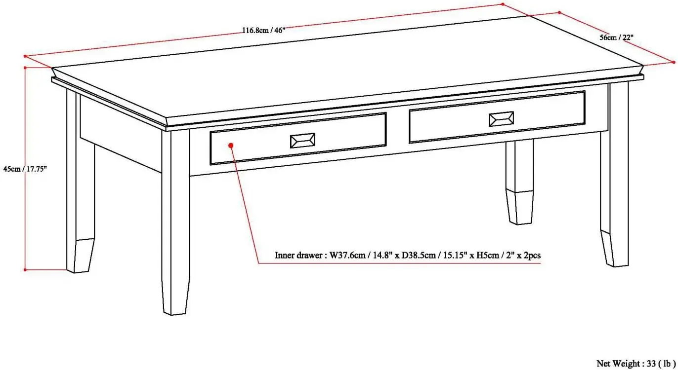 Artisan SOLID WOOD 46 inch Wide Rectangle Coffee Table in Russet Brown, for the Living Room and Family Room