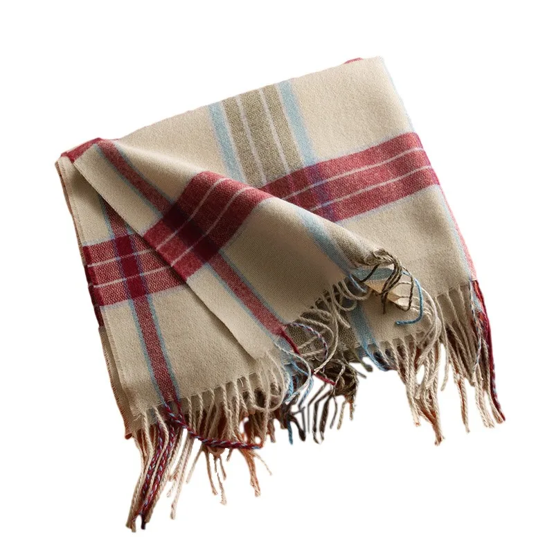 Новый зимний клетчатый шарф с принтом, шарф из искусственной шерсти с бахромой, модный милый шарф на плечо, толстый теплый шарф средней длины