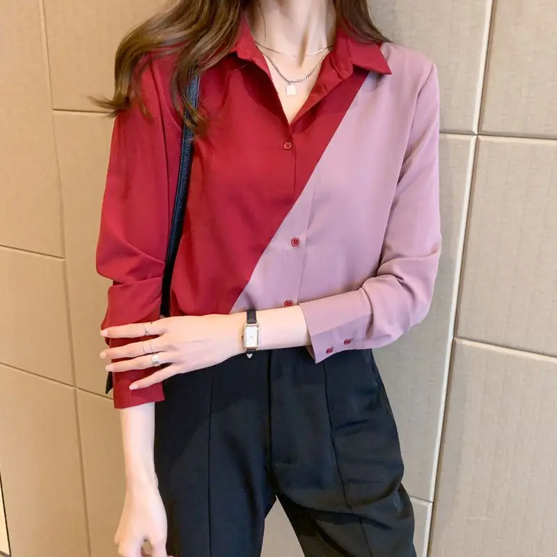 Color Blocking Patchwork Chiffon Shirt for Women\'s Spring Autumn Season Korean Fashion Versatile Loose Slim Long Sleeve Shirt