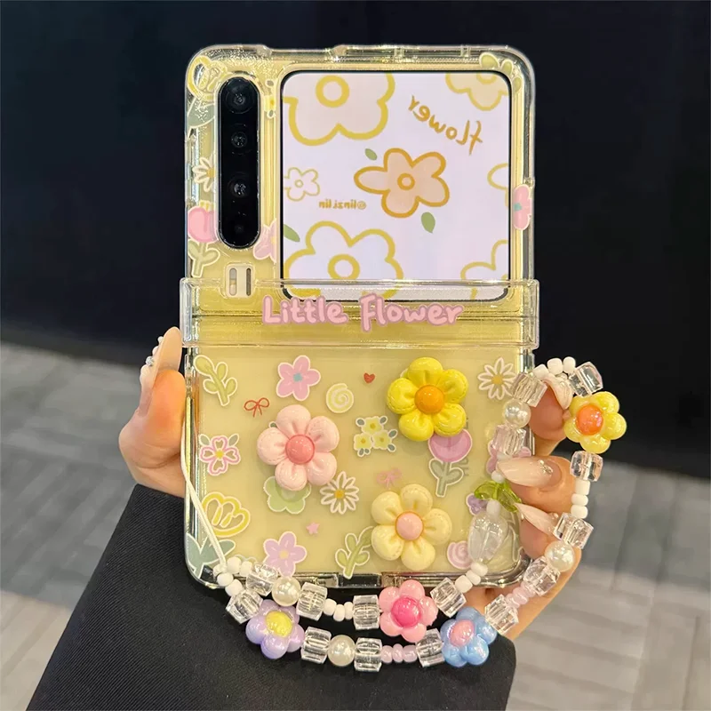 

Cute flip Case For Samsung Z Flip 7 6 5 4 / Mix Flip 3d Little Flower Clear yellow Graffiti Shockproof Cover with Chain Lanyard