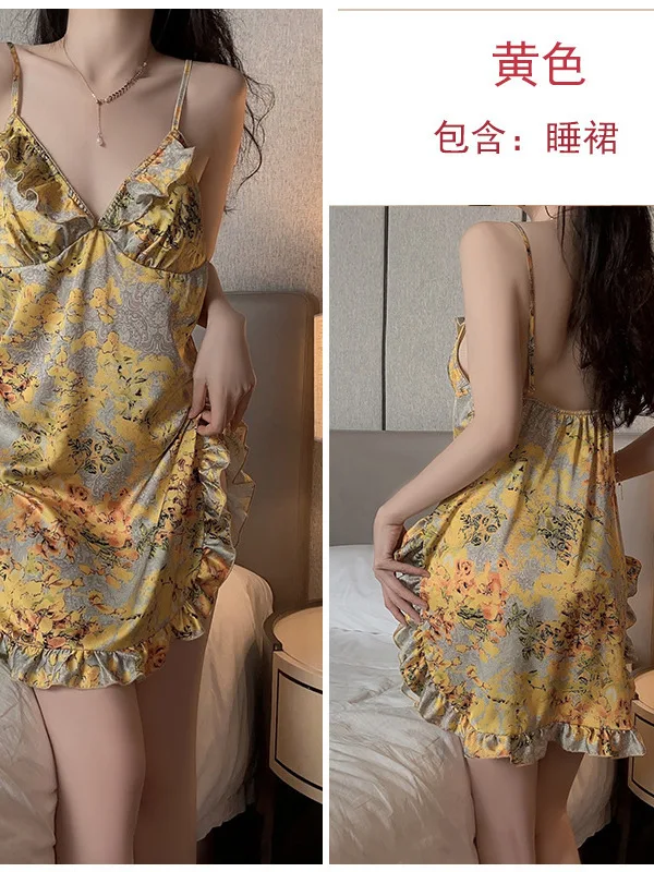 女性のための黄色の花柄のサテンドレス,韓国スタイル,スプリットドレス,Vネック,胸のクッション,波状のエッジ,ルーズ,エレガント,夏,jx4