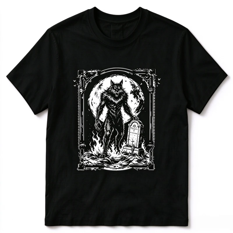 Retro Dark Style Werewolf Moon Tombstone Graphic Tee Unisex Short Sleeve Streetwear T Shirt Cotton Harajuku Y2k Top