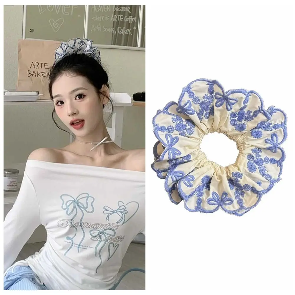 

Sweet Flower Shape Lace Scrunchies Blue Cloth Elastic Hair Bands Bow Ballet Style Exaggerated Hair Rope Daily