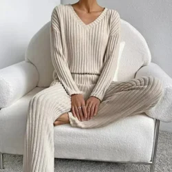 Pigiama da donna autunno inverno nuovi pantaloni dritti Casual Pullover Sleepwear allentato scollo a V lavorato a maglia Home Wear due pezzi Loungewear pigiama donna set di pigiami pigiama donna invernale indumenti