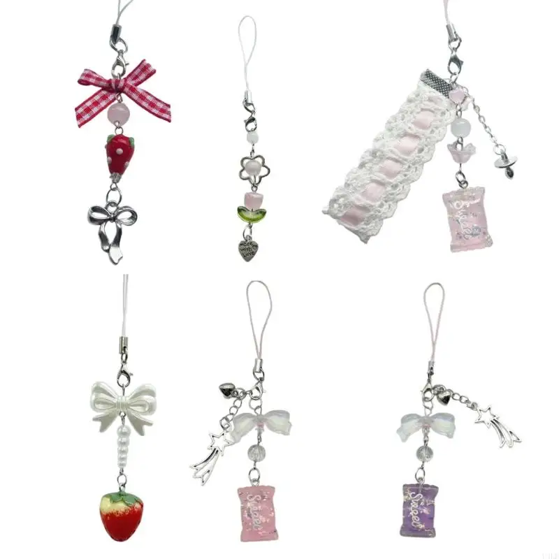 U4LF Lovely Phone Charm Colorful Beaded Keychain Acrylic Alloy Keyring Bag Accessory