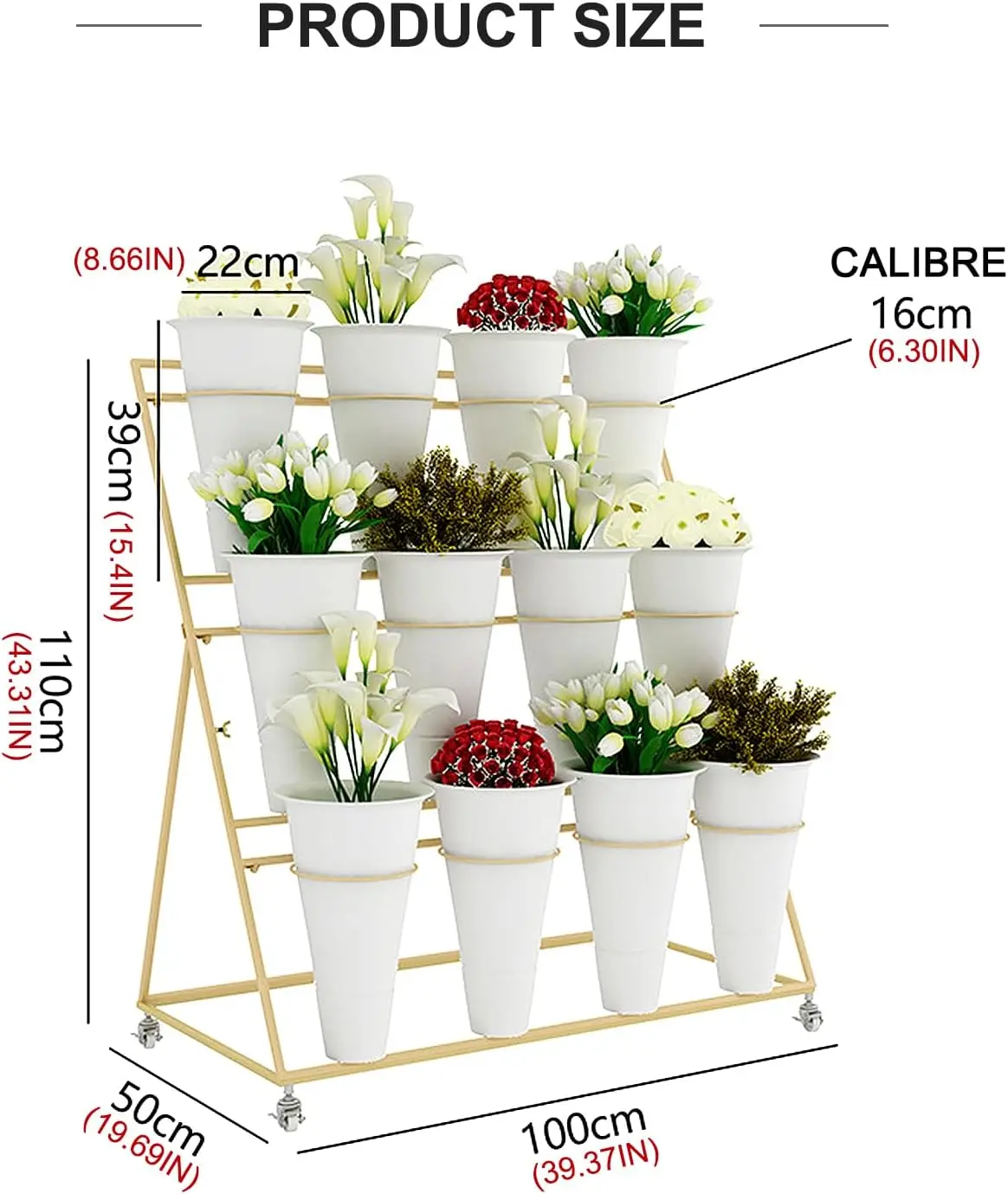 3 Tier Metal Flower Display Stand Frame with 12pcs Buckets, Flower Plant Cart Display Stand with Wheels Heavy Duty Moving Flower image 4