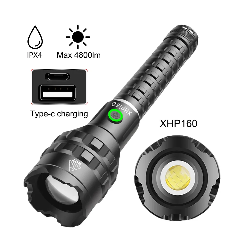 

XHP160 LED Flashlight 4800Lm Type-c USB Rechargeable Torch IPX4 Waterproof Telescopic Zoom Lantern 5 Modes Lamp Camping Outdoor