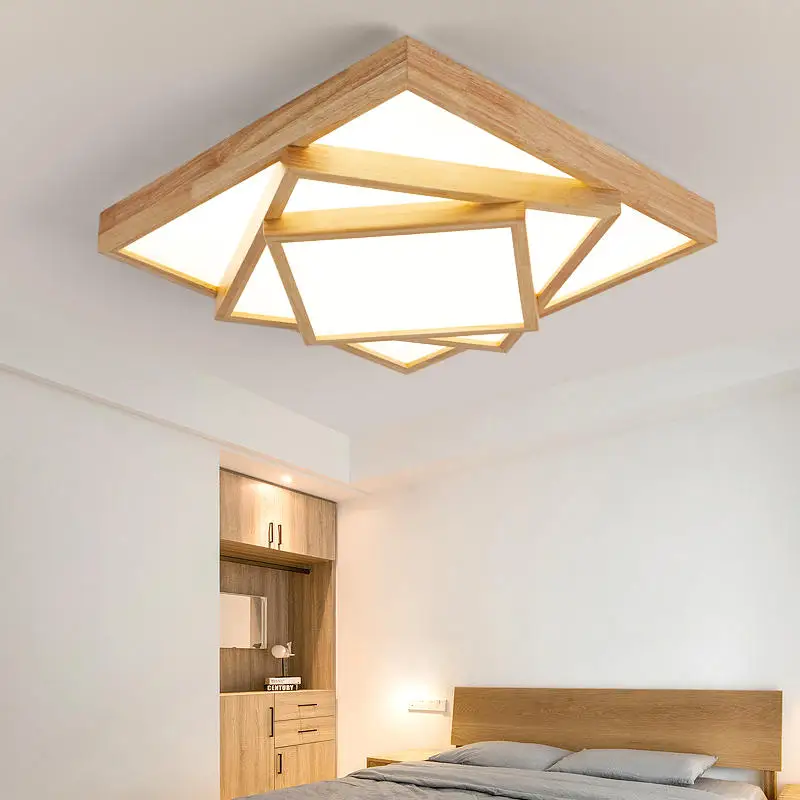 

2026 for Solid Wood Square Ceiling Light with Remote Control Modern Wooden Surface Mounted Lamp for Living Room Bedroom