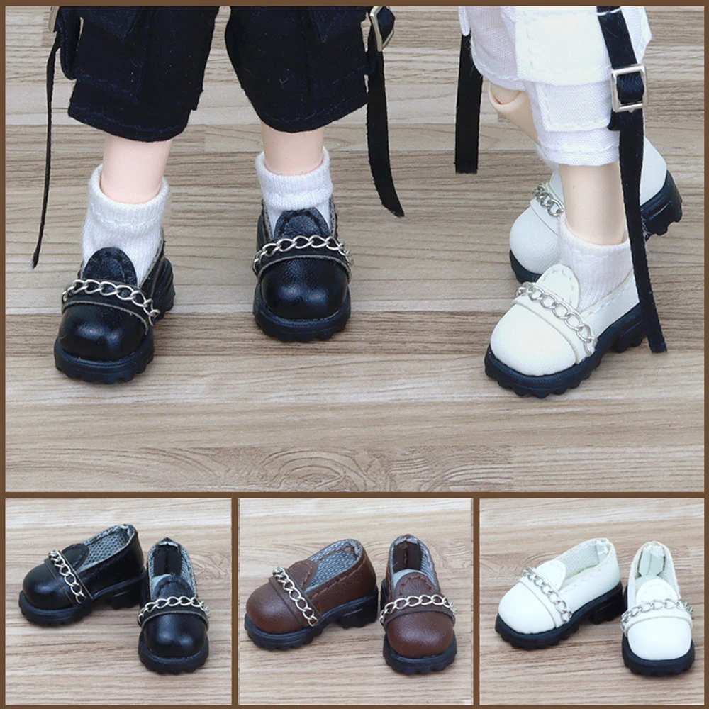 D05-P065 children handmade toy 1:12 ob11 gsc bjd pd9 doll shoes black brown white Chain thick soled leather shoes 1pair