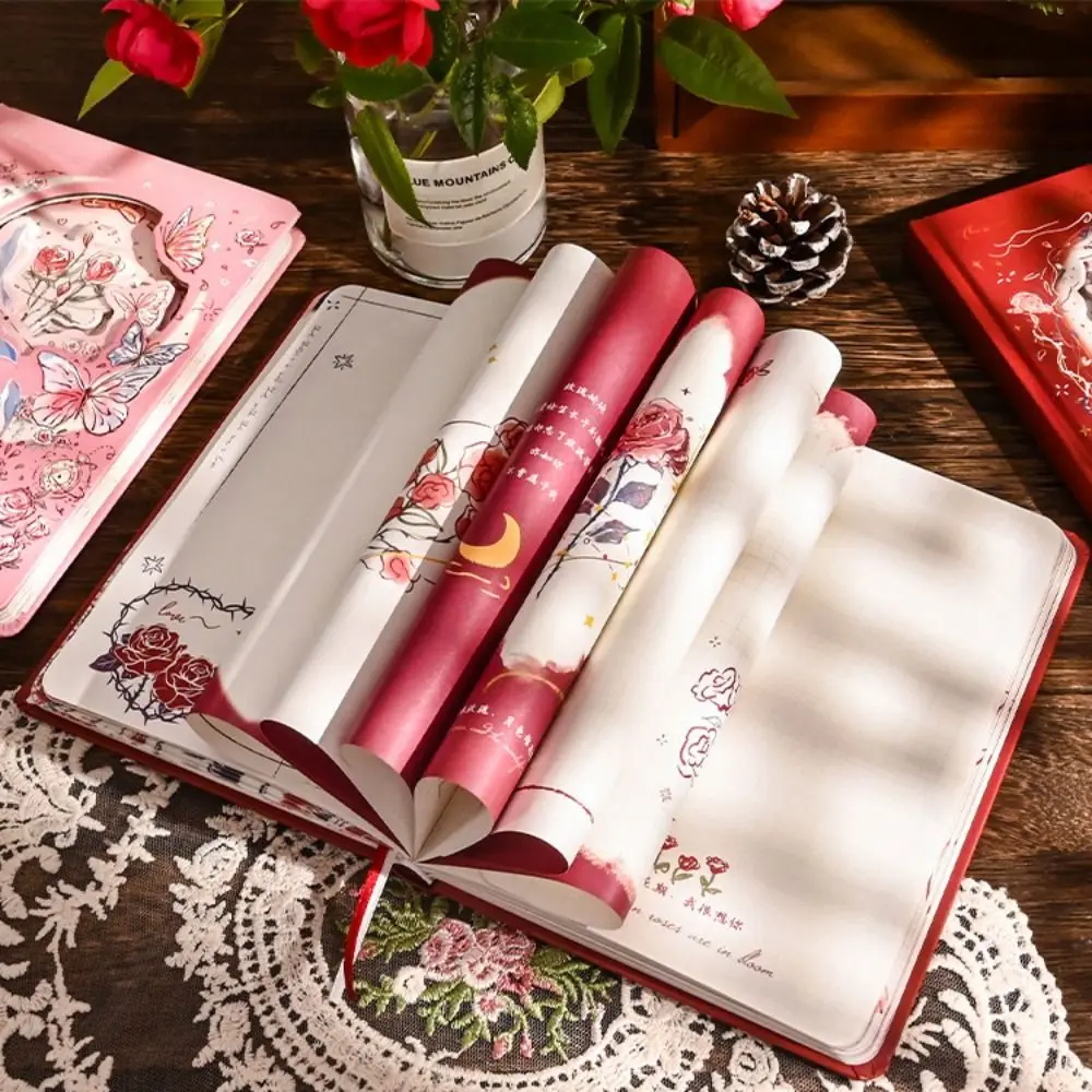 Rose Style Exquisite Diary Notebook Alien Hollow Out Multi Layer Retro Rose Notebook Color Pages Portable Romantic Diary Planner