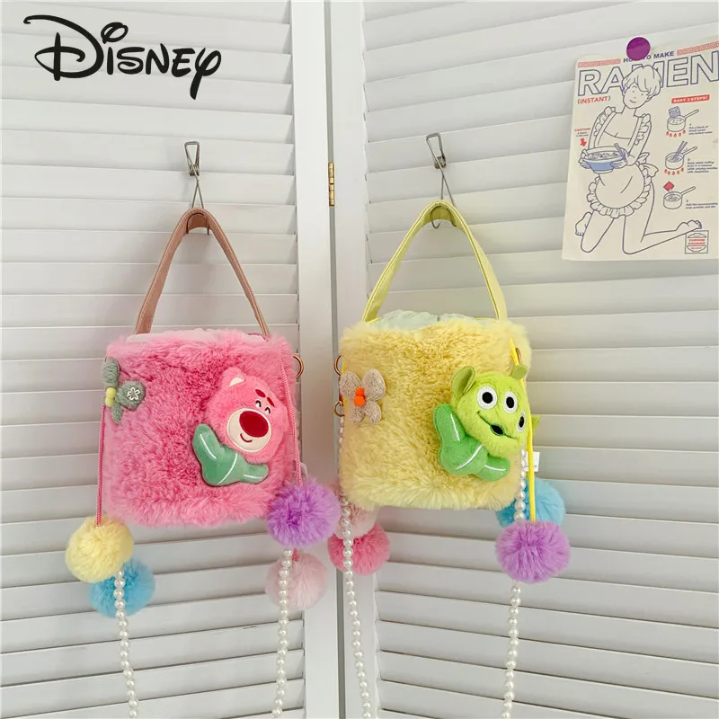 Disney's New Women's Plush Bag Fashion High Quality Pearl Crossbody Bag Cartoon Cute Versatile Round Bucket Handheld Girls' Bag