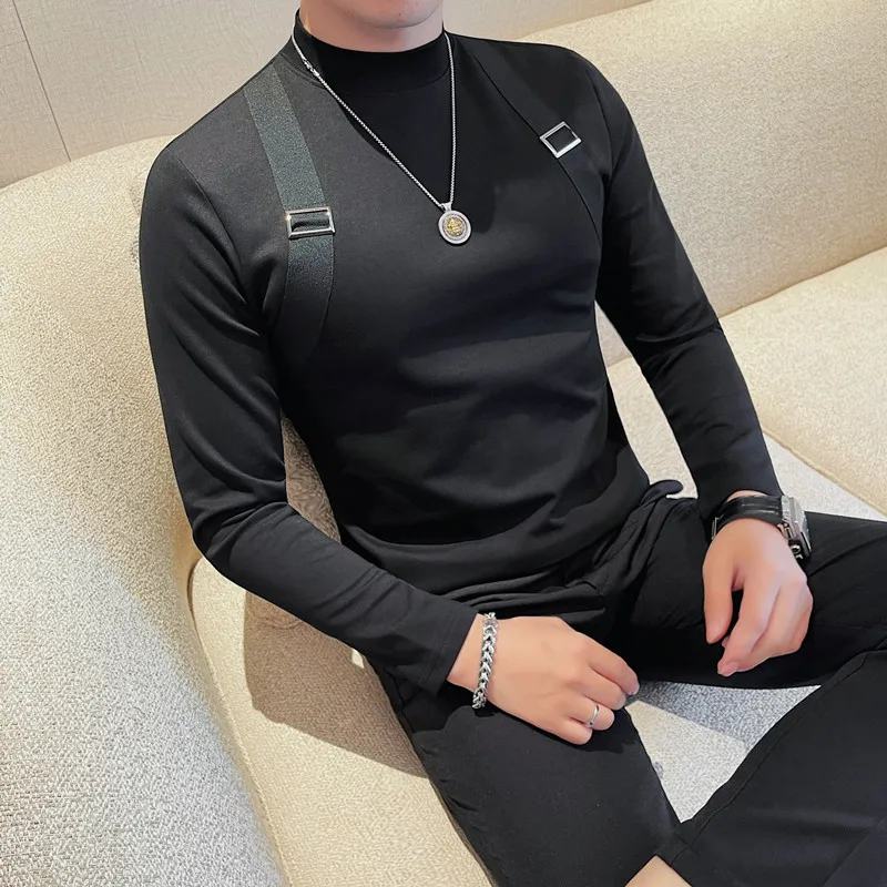 Fashion Strap Long-Sleeved T-shirt, Men's Autumn and Winter New Slim Fit Half Turtleneck Bottoming Shirt Fashion City Knitwear