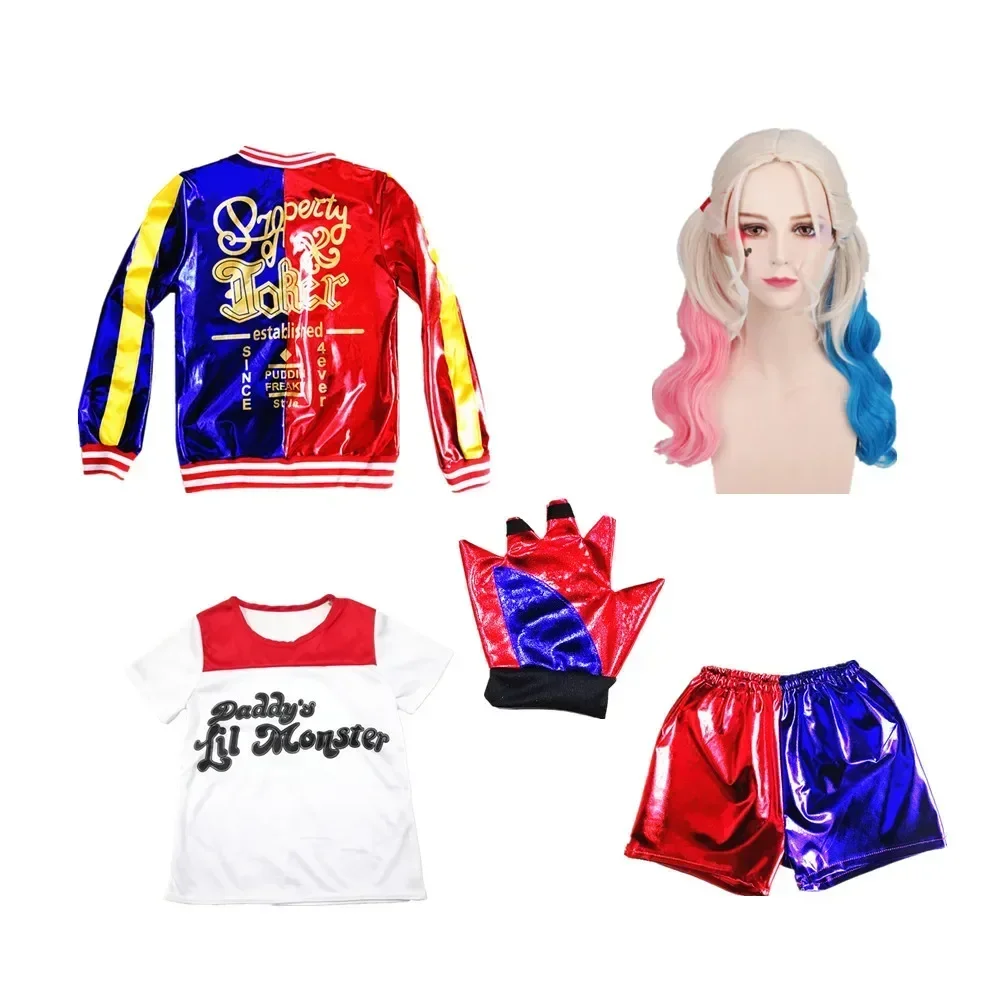 Nowe karnawałowe dziecięce dziewczyny samobójcze Harley kostiumy Cosplay Quinn Squad Monster Jacket t-shirt spodenki na Boże Narodzenie